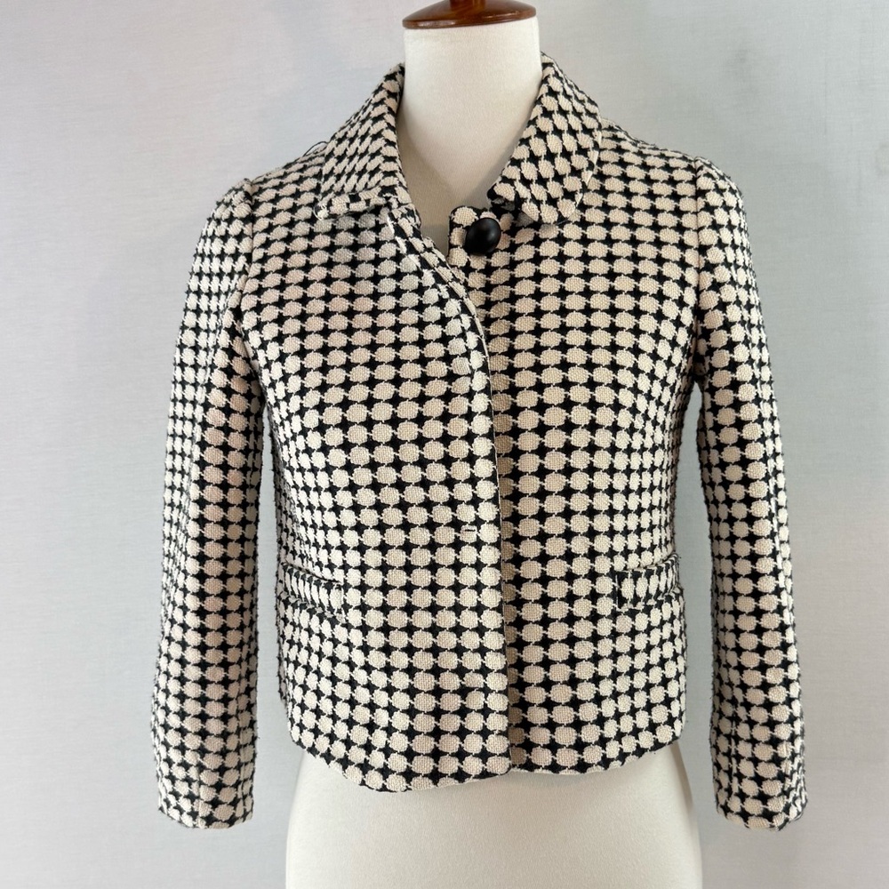 Stylish Black and White Cropped Tweed Snap Front Jacket